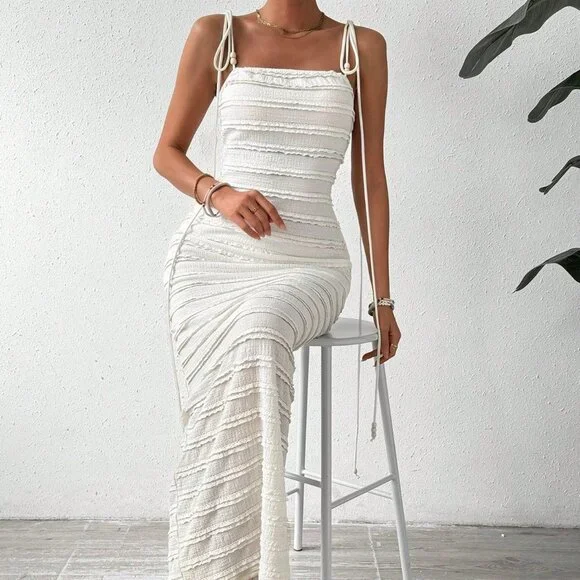 White Boho Womens Knotted Shoulder Cami Bodycon Dress - Picture 3 of 5